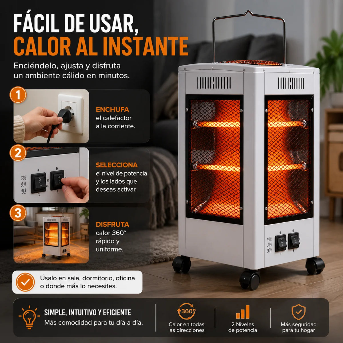 Calefactor de cuarzo 360° -  Calor en todas direcciones