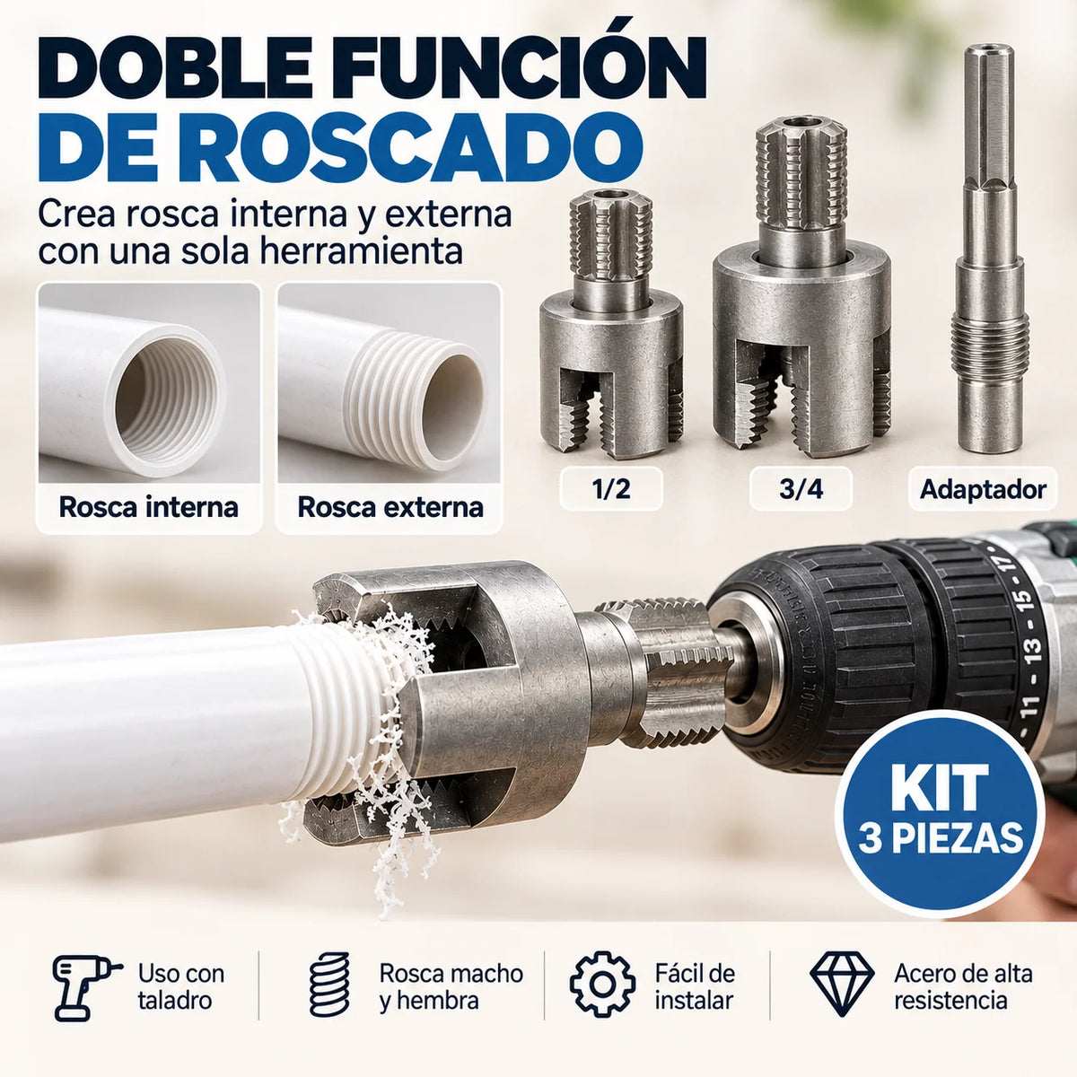 Kit de Terrajas Pro - 3 Piezas para Taladro 1/2” y 3/4 - Evita pagar gásfiter