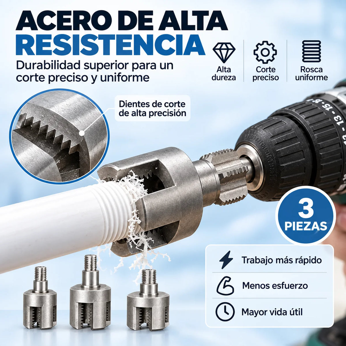 Kit de Terrajas Pro - 3 Piezas para Taladro 1/2” y 3/4 - Evita pagar gásfiter