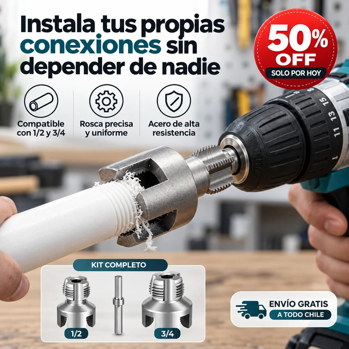 Kit de Terrajas Pro - 3 Piezas para Taladro 1/2” y 3/4 - Evita pagar gásfiter