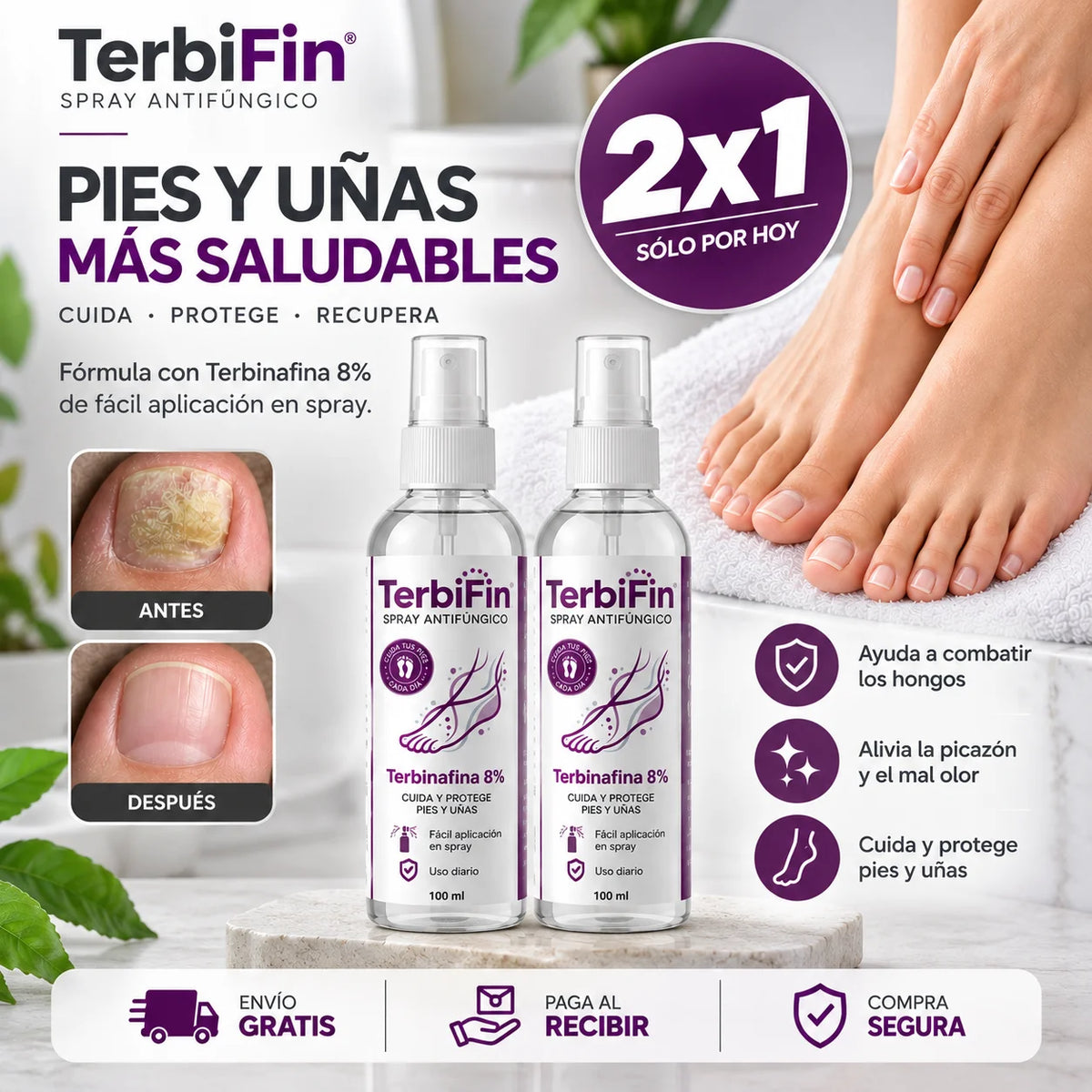 2x1 Spray Anti-Hongos y Picazón 100 ml - Tratamiento avanzado Pies y uñas