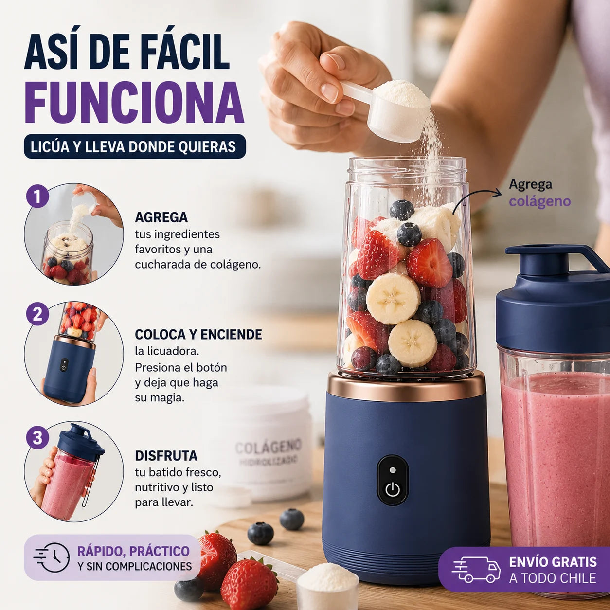 MixGo Doble vaso – Mezcla frutas, colágeno y más en segundos